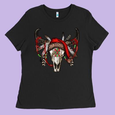 Western Christmas Bull Skull Ladies Tee Designed By Ranaportraitstore