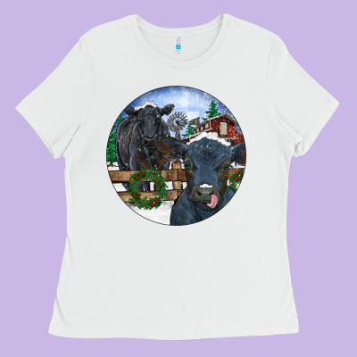 Black Angus Cattle And Calf Christmas Ladies Tee Designed By Ranaportraitstore