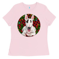 Bubblegum Pink Christmas Bull Terrier Ladies Tee - RanaPortraitStore