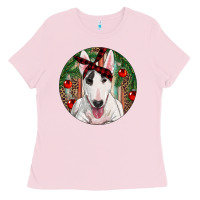 Bubblegum Pink Christmas Bull Terrier Ladies Tee - RanaPortraitStore