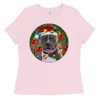 Bubblegum Pink Christmas Pitbull Ladies Tee - RanaPortraitStore