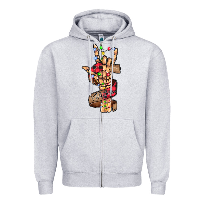 Merry Christmas Skeleton Hand Zipper Hoodie by CowhideDigitalArt | Teevron