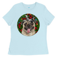 Baby Blue Christmas Pug With Buffalo Plaid Ladies Tee - RanaPortraitStore