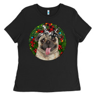 Black Christmas Pug With Buffalo Plaid Ladies Tee - RanaPortraitStore
