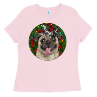 Bubblegum Pink Christmas Pug With Buffalo Plaid Ladies Tee - RanaPortraitStore