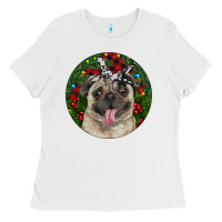 White Christmas Pug With Buffalo Plaid Ladies Tee - RanaPortraitStore
