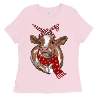 Bubblegum Pink Christmas Heifer With Scarf Ladies Tee - RanaPortraitStore