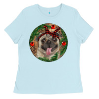 Baby Blue Christmas Pug With Leopard Ladies Tee - RanaPortraitStore