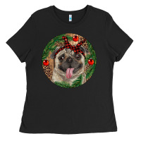 Black Christmas Pug With Leopard Ladies Tee - RanaPortraitStore