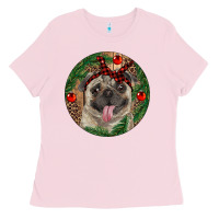 Bubblegum Pink Christmas Pug With Leopard Ladies Tee - RanaPortraitStore