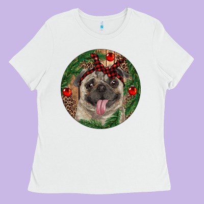 Christmas Pug With Leopard Ladies Tee Designed By Ranaportraitstore