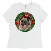 White Christmas Pug With Leopard Ladies Tee - RanaPortraitStore