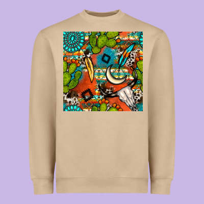 Western Cactus Aztec Seamless Pattern Heavyweight Sweatshirt Designed By Bundleandbundleshop
