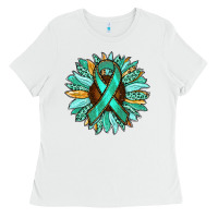White Ovarian Liver Cancer Awareness Sunflower Ladies Tee - RanaPortraitStore