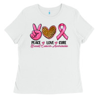 White Peace Love Cure Breast Cancer Ladies Tee - RanaPortraitStore