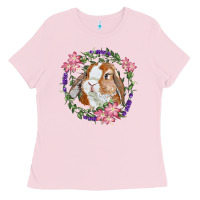 Bubblegum Pink Bunny Face With Floral Wreath Ladies Tee - RanaPortraitStore