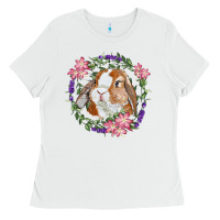 White Bunny Face With Floral Wreath Ladies Tee - RanaPortraitStore