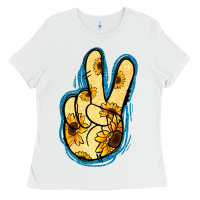 White Yellow Glitter Sunflower Peace Sign Ladies Tee - Jasminsmagicworld