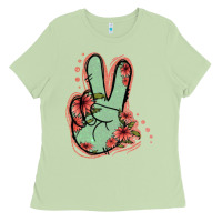 Matcha Green Glitter Floral Peace Sign Ladies Tee - Jasminsmagicworld