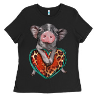 Black baby pig with leopard heart Ladies Tee - BarkalooDesign