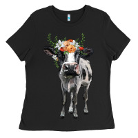 Black holstein cow floral wreath Ladies Tee - BarkalooDesign