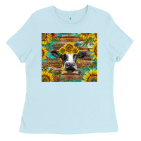 Baby Blue holstein cow with sunflowers Ladies Tee - BarkalooDesign