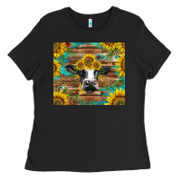 Black holstein cow with sunflowers Ladies Tee - BarkalooDesign