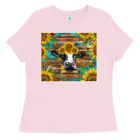Bubblegum Pink holstein cow with sunflowers Ladies Tee - BarkalooDesign