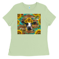 Matcha holstein cow with sunflowers Ladies Tee - BarkalooDesign