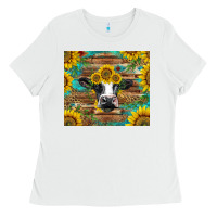 White holstein cow with sunflowers Ladies Tee - BarkalooDesign