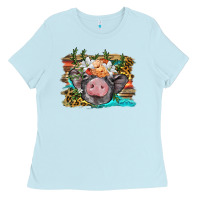 Baby Blue baby pig with floral and western background Ladies Tee - BarkalooDesign