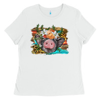 White baby pig with floral and western background Ladies Tee - BarkalooDesign