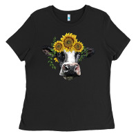 Black holstein cow with sunflower Ladies Tee - BarkalooDesign