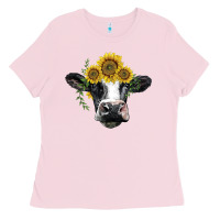 Bubblegum Pink holstein cow with sunflower Ladies Tee - BarkalooDesign