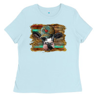 Baby Blue holstein cow with cap and leopard background Ladies Tee - BarkalooDesign