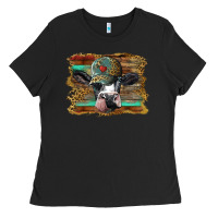 Black holstein cow with cap and leopard background Ladies Tee - BarkalooDesign