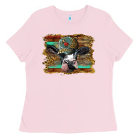 Bubblegum Pink holstein cow with cap and leopard background Ladies Tee - BarkalooDesign