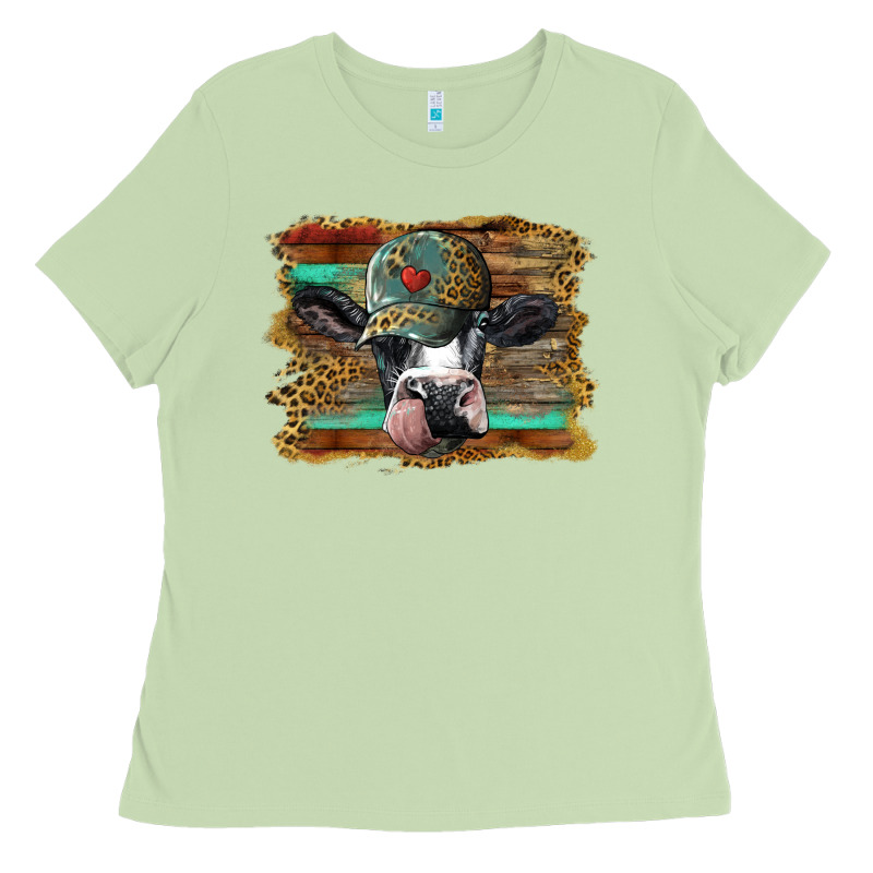 Holstein Cow With Cap And Leopard Background Ladies Tee by BarkalooDesign | Teevron