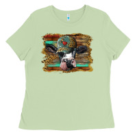Matcha holstein cow with cap and leopard background Ladies Tee - BarkalooDesign