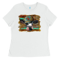 White holstein cow with cap and leopard background Ladies Tee - BarkalooDesign