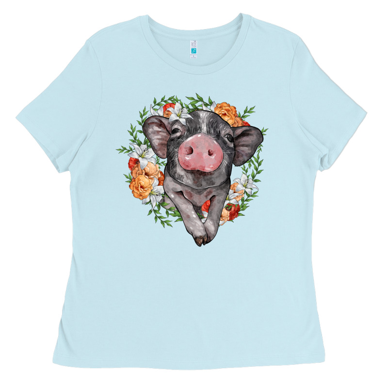Baby Pig Floral Wreath Ladies Tee by BarkalooDesign | Teevron