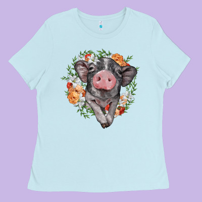 Baby Pig Floral Wreath Ladies Tee Designed By Barkaloodesign