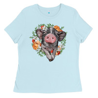 Baby Blue baby pig floral wreath Ladies Tee - BarkalooDesign