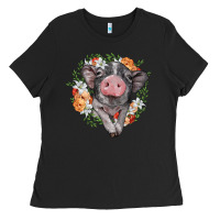 Black baby pig floral wreath Ladies Tee - BarkalooDesign
