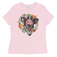 Bubblegum Pink baby pig floral wreath Ladies Tee - BarkalooDesign