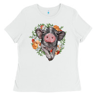White baby pig floral wreath Ladies Tee - BarkalooDesign
