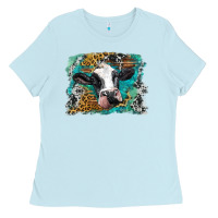 Baby Blue holstein cow leopard and western background Ladies Tee - BarkalooDesign