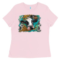 Bubblegum Pink holstein cow leopard and western background Ladies Tee - BarkalooDesign