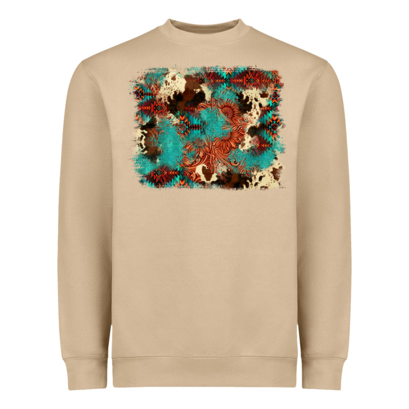 Aztec Turquoise Glitter Cowhide  Tooled Leather Ba Heavyweight Sweatshirt by FaDigitalArtStudio | Teevron