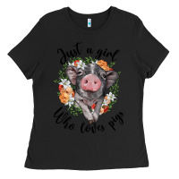 Black just a girl who loves pigs floral wreath Ladies Tee - BarkalooDesign